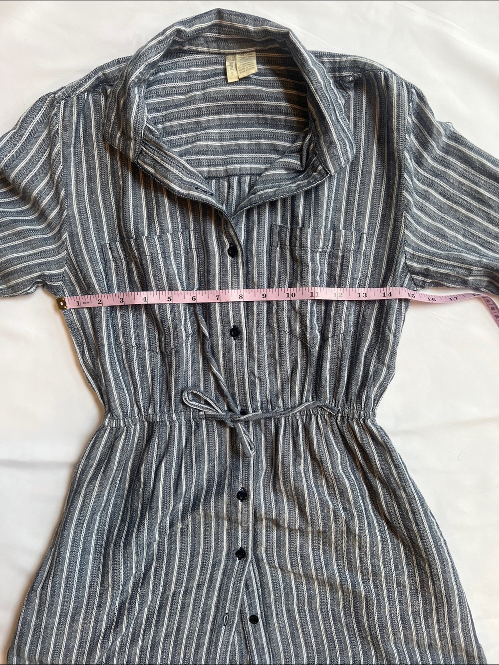 Japna Sz S Striped Button-Front Shirt Dress with Tie Waist - Blue/White - Picture 5 of 8